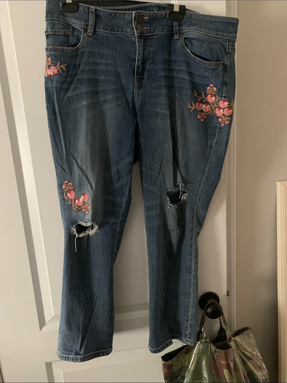 Womens Denim Jeans with Pink Floral Embroidery